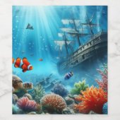海の下,亀,サンゴ,船,ピエロ魚 ワインラベル (シングルラベル)