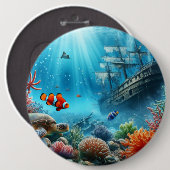 海の下，亀，サンゴ，船，ピエロ魚 缶バッジ (正面&裏面)