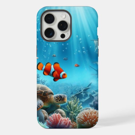 海の下，亀，サンゴ，船，ピエロ魚 iPhoneケース (裏面)
