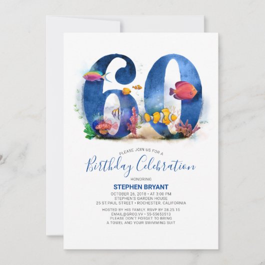 海の下 – 水族館をテーマにした60誕生日 招待状 (正面)
