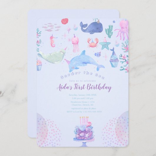 海の下:海の下の最初の誕生日パーティー 招待状 (正面/裏面)