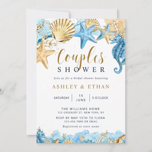 海の下 |金ゴールドとブルーカップルのシャワー 招待状 (正面)