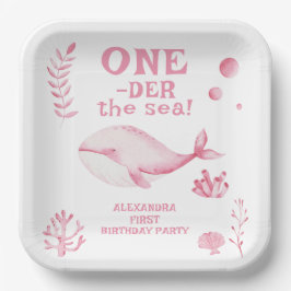 海の世界で1歳の誕生日 ピンクのクジラ ペーパープレート