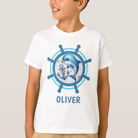 海の世界にぴったり！イルカと錨の入った船輪デザイン Tシャツ (正面)