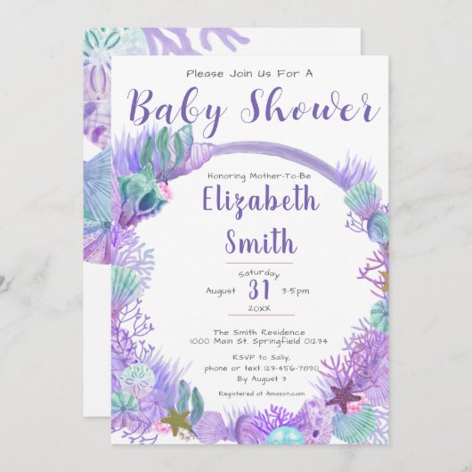 海の中かわいい紫と緑の赤ちゃんシャワー 招待状 (正面/裏面)