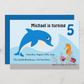 海の中でかわいいイルカの誕生日パーティー招待状 招待状 (正面/裏面)