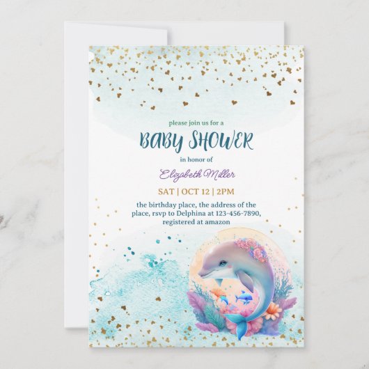 海の中でかわいいイルカの赤ちゃん女の子のシャワー 招待状 (正面)