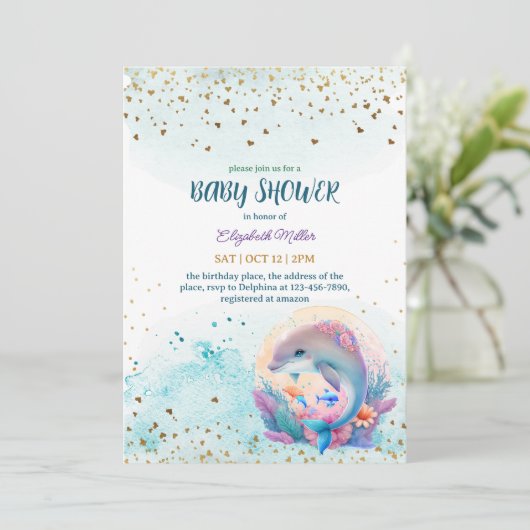 海の中でかわいいイルカの赤ちゃん女の子のシャワー 招待状 (スタンド正面)