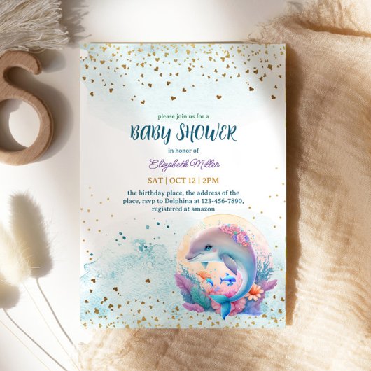 海の中でかわいいイルカの赤ちゃん女の子のシャワー 招待状