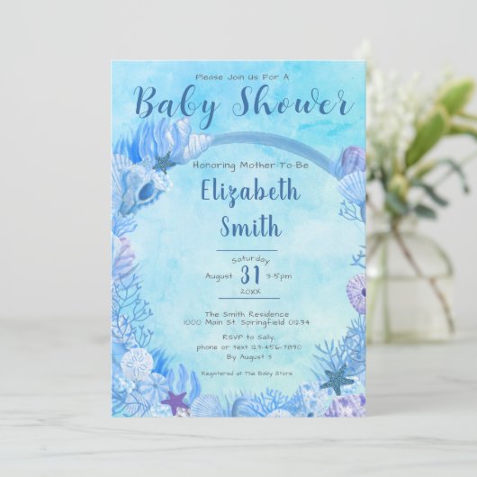 海の中でかわいい青い男の子の赤ちゃんのシャワー 招待状 (スタンド正面)