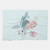 海の中でイルカに乗るのかわいい人魚 キッチンタオル (横)