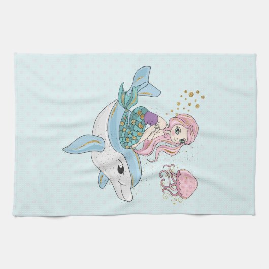 海の中でイルカに乗るのかわいい人魚 キッチンタオル (横)