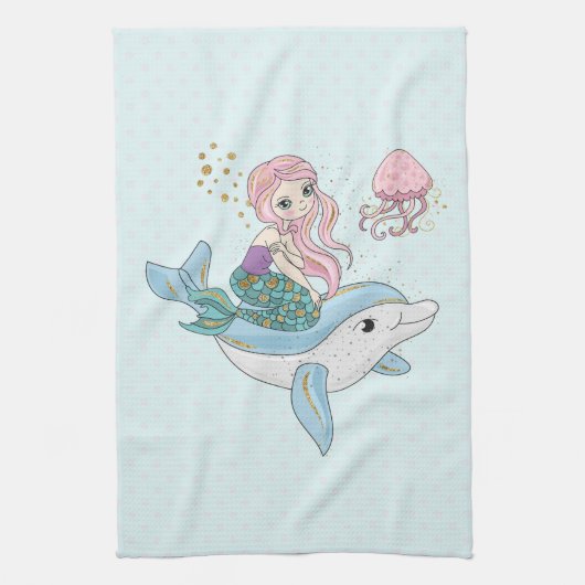 海の中でイルカに乗るのかわいい人魚 キッチンタオル (縦)
