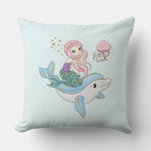 海の中でイルカに乗るのかわいい人魚 クッション