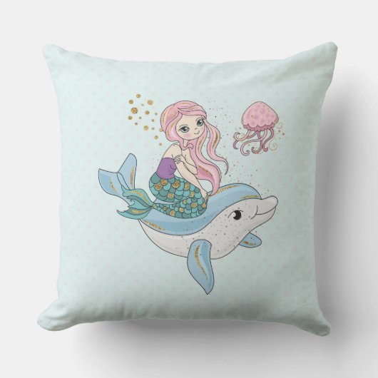 海の中でイルカに乗るのかわいい人魚 クッション (正面)