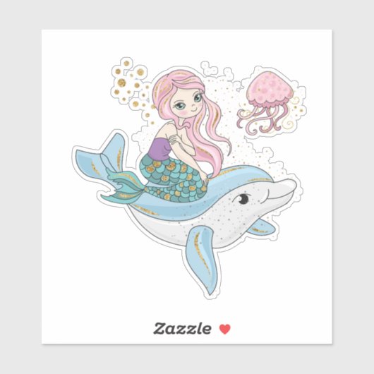 海の中でイルカに乗るのかわいい人魚 シール (シート)