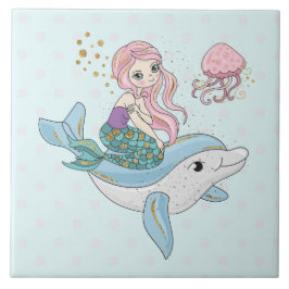 海の中でイルカに乗るのかわいい人魚 タイル