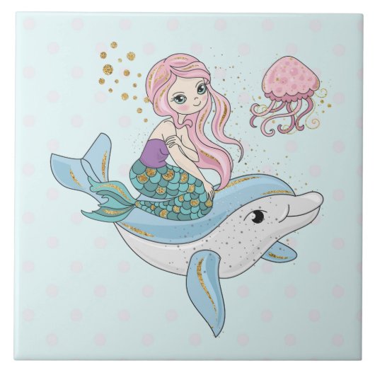 海の中でイルカに乗るのかわいい人魚 タイル (正面)