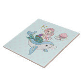 海の中でイルカに乗るのかわいい人魚 タイル (側面)