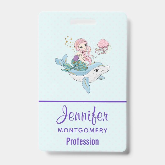 海の中でイルカに乗るのかわいい人魚 バッジ (正面)