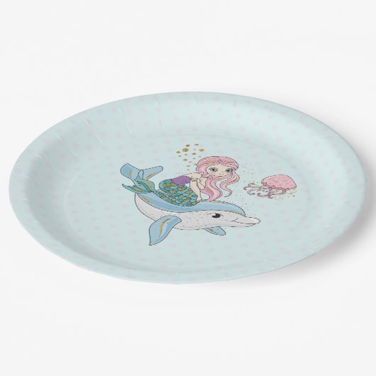 海の中でイルカに乗るのかわいい人魚 ペーパープレート (アングル)