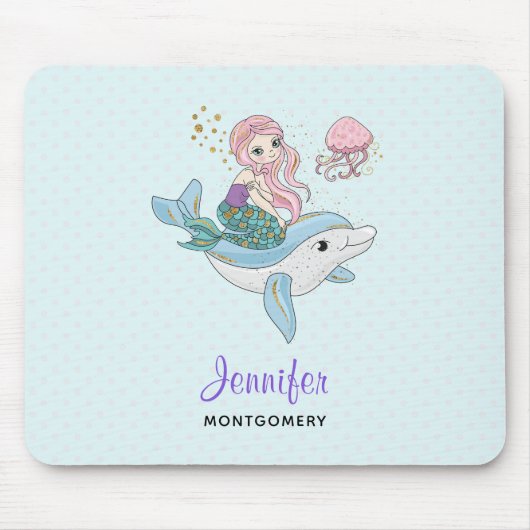 海の中でイルカに乗るのかわいい人魚 マウスパッド (正面)