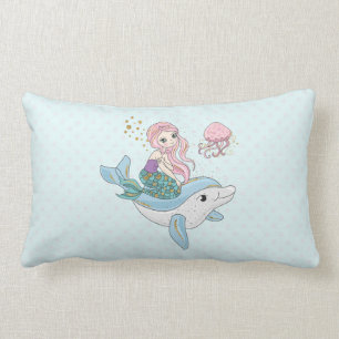 海の中でイルカに乗るのかわいい人魚 ランバークッション