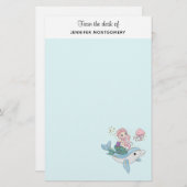 海の中でイルカに乗るのかわいい人魚 便箋 (正面/裏面)