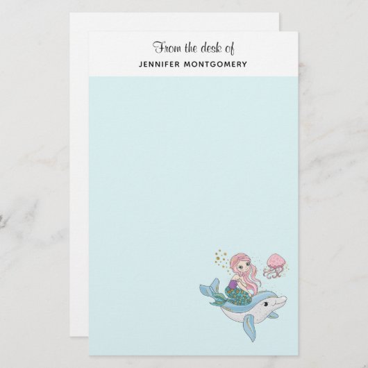海の中でイルカに乗るのかわいい人魚 便箋 (正面/裏面)
