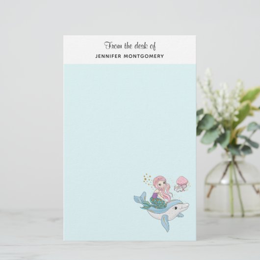 海の中でイルカに乗るのかわいい人魚 便箋 (スタンド正面)