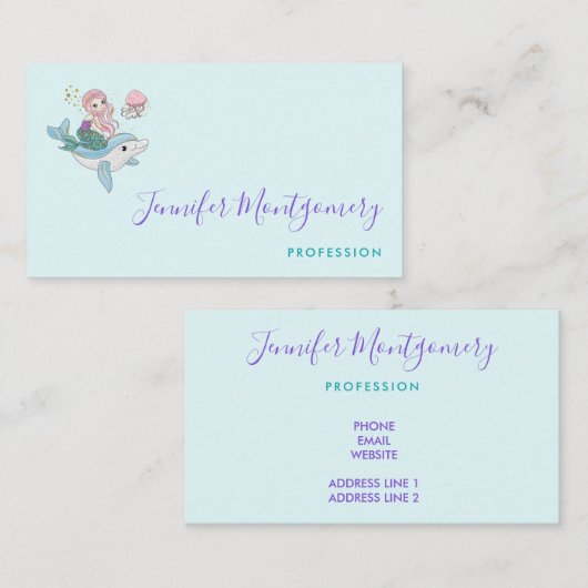 海の中でイルカに乗るのかわいい人魚 名刺 (正面/裏面)
