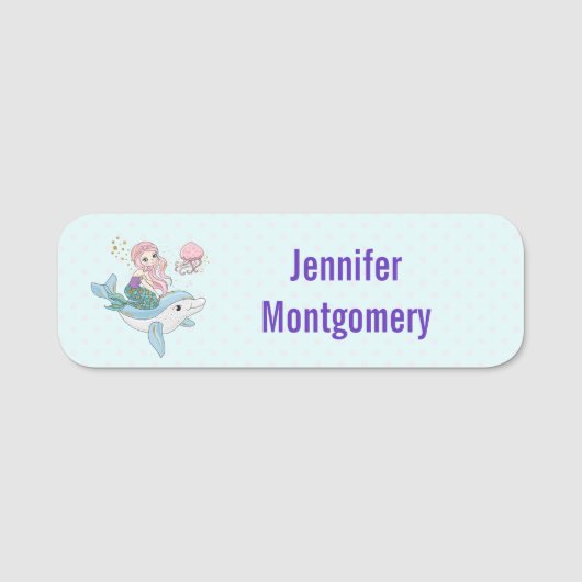 海の中でイルカに乗るのかわいい人魚 名札 (正面)