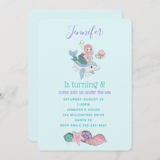 海の中でイルカに乗るのかわいい人魚 招待状 (正面/裏面)