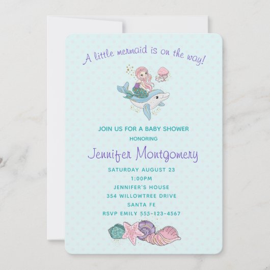 海の中でイルカに乗るのかわいい人魚 招待状 (正面)