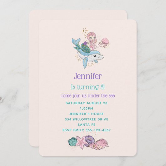 海の中でイルカに乗るのかわいい人魚 招待状 (正面/裏面)