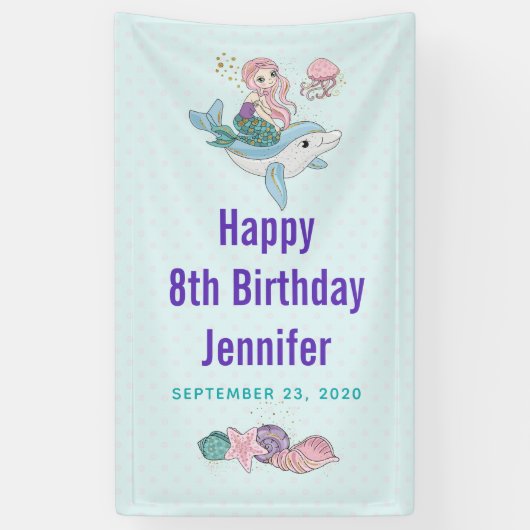 海の中でイルカに乗るのかわいい人魚 横断幕 (縦)