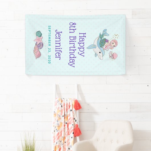 海の中でイルカに乗るのかわいい人魚 横断幕 (インサイチュ)