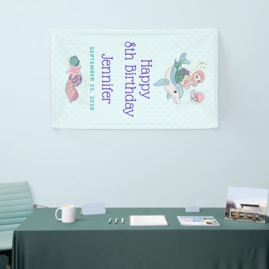 海の中でイルカに乗るのかわいい人魚 横断幕 (トレードショー)