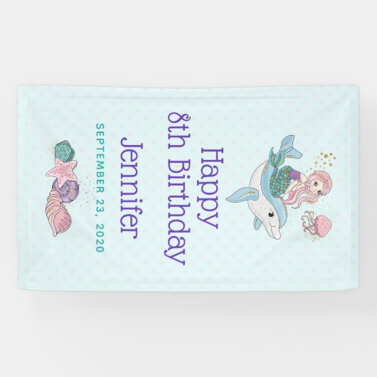 海の中でイルカに乗るのかわいい人魚 横断幕 (横)