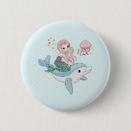 海の中でイルカに乗るのかわいい人魚 缶バッジ