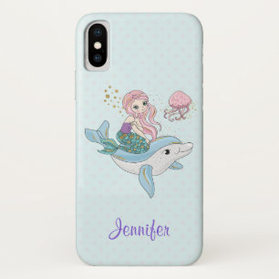 海の中でイルカに乗るのかわいい人魚 iPhone X ケース