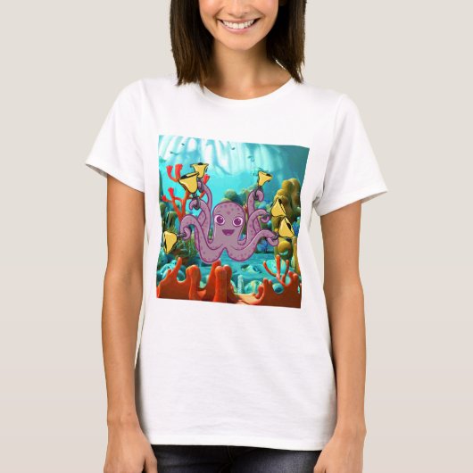 海の中でタコのハンドベルが鳴る Tシャツ (正面)