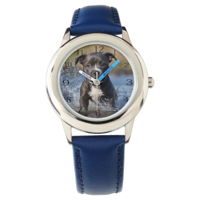 海の中でホッとした子犬の飛び散る、子供たち見る 腕時計 (正面)