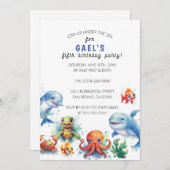 海の中で可愛い男航海のの子の誕生日パーティー 招待状 (正面/裏面)