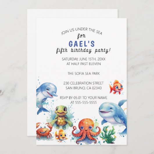 海の中で可愛い男航海のの子の誕生日パーティー 招待状 (正面/裏面)