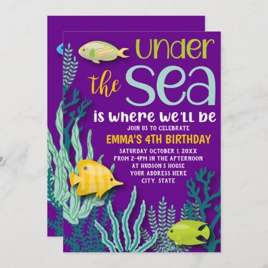 海の中で海をテーマにした女の子の誕生パーティー 招待状 (正面/裏面)