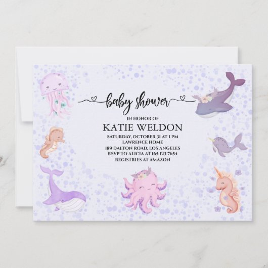 海の中で生き物の赤ちゃんシャワー 招待状 (正面)