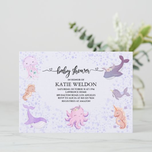 海の中で生き物の赤ちゃんシャワー 招待状 (スタンド正面)