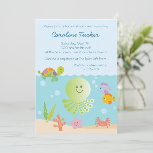 海の中で赤ちゃんシャワーを浴びる青 招待状 (スタンド正面)
