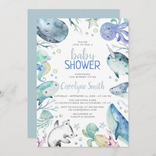 海の中で赤ちゃんシャワーを浴びる 招待状 (正面/裏面)